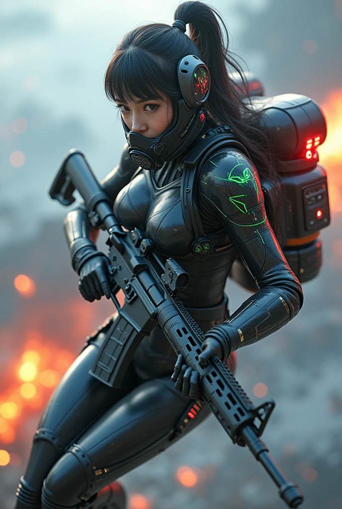 photo-realistic, ultra-realistic, very beautiful Japanese, famous Japanese idol, 20 years old, dramatic scene, masterpiece, beautiful eyes, (extremely intricated with extremely complex futuristic cyber punk mecha armored full-face gas mask:1.5), (wearing extremely intricated with extremely complex multi-layered cyber punk mecha armored bodysuits with neon marker:1.4), (She uses the ultra high power rocket engine on her back to flying high speed in the sky:1.5), amazing view from sky, surprising, acrobatic pose, dynamic angle, (aim and shoot:1.3), spectacular and intense aerial battles, Nimble movements, Sharp turns, (very large breasts), (Fully equipped for battle:1.3), (holding m4a1 large assault rifle:1.2),