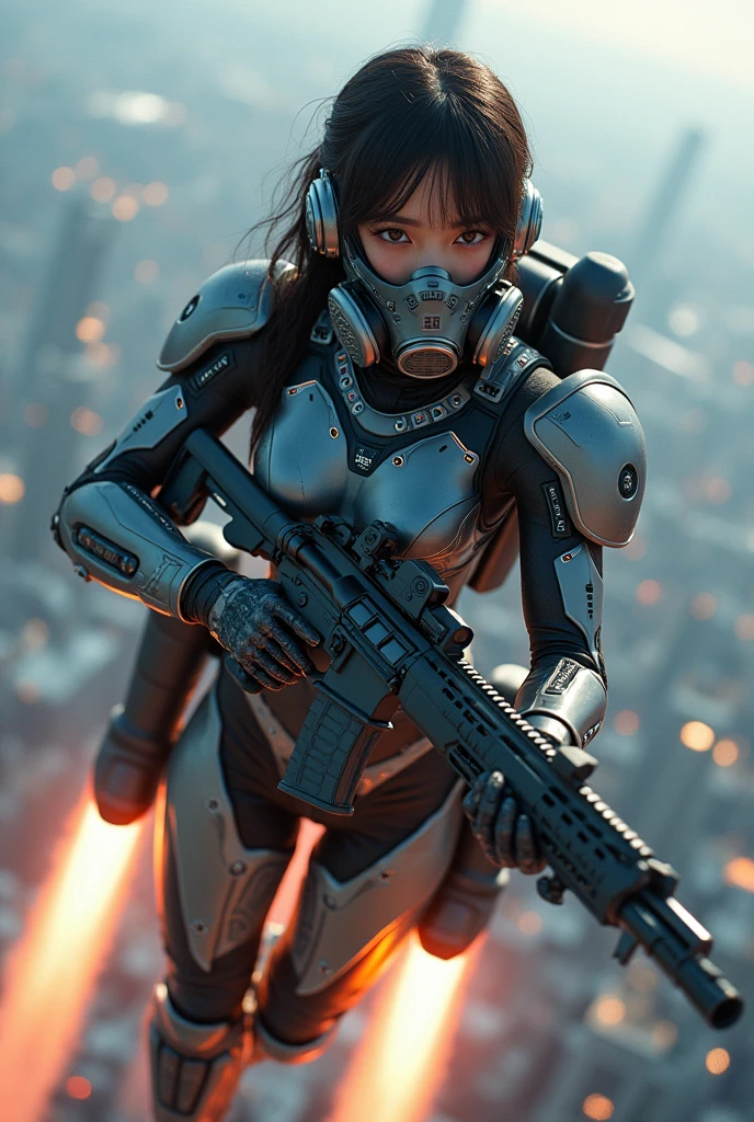 photo-realistic, ultra-realistic, very beautiful Japanese, famous Japanese idol, 20 years old, dramatic scene, masterpiece, beautiful eyes, (extremely intricated with extremely complex futuristic cyber punk mecha armored full-face gas mask:1.5), (wearing extremely intricated with extremely complex multi-layered cyber punk mecha armored bodysuits with neon marker:1.4), (She uses the ultra high power rocket engine on her back to flying high speed in the sky:1.5), amazing view from sky, surprising, acrobatic pose, dynamic angle, (aim and shoot:1.3), spectacular and intense aerial battles, Nimble movements, Sharp turns, (very large breasts), (Fully equipped for battle:1.3), (holding m4a1 large assault rifle:1.2),