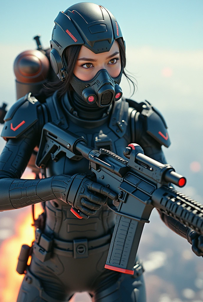 photo-realistic, ultra-realistic, very beautiful Japanese, famous Japanese idol, 20 years old, dramatic scene, masterpiece, beautiful eyes, (extremely intricated with extremely complex futuristic cyber punk mecha armored full-face gas mask:1.5), (wearing extremely intricated with extremely complex multi-layered cyber punk mecha armored bodysuits with neon marker:1.4), (She uses the ultra high power rocket engine on her back to flying high speed in the sky:1.5), amazing view from sky, surprising, acrobatic pose, dynamic angle, (aim and shoot:1.3), spectacular and intense aerial battles, Nimble movements, Sharp turns, (very large breasts), (Fully equipped for battle:1.3), (holding m4a1 large assault rifle:1.2),