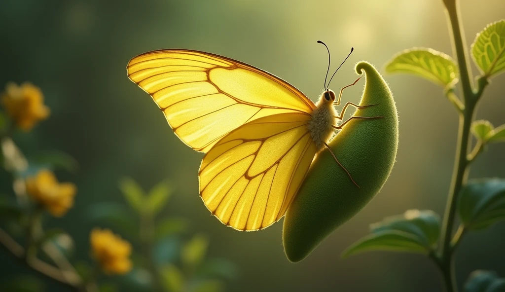 Delicate yellow butterfly wings slowly emerging from the cocoon, followed by the slender body of a newly transformed creature."