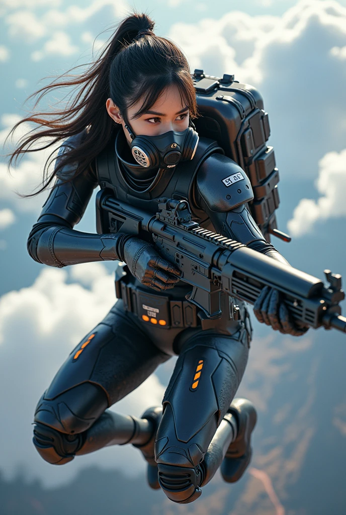 photo-realistic, ultra-realistic, very beautiful Japanese, famous Japanese idol, 20 years old, dramatic scene, masterpiece, beautiful eyes, (extremely intricated with extremely complex futuristic cyber punk mecha armored full-face gas mask:1.5), (wearing extremely intricated with extremely complex multi-layered cyber punk mecha armored bodysuits with neon marker:1.4), (She uses the ultra high power rocket engine on her back to flying high speed in the sky:1.5), amazing view from sky, surprising, acrobatic pose, dynamic angle, (aim and shoot:1.3), spectacular and intense aerial battles, Nimble movements, Sharp turns, (very large breasts), (Fully equipped for battle:1.3), (holding m4a1 large assault rifle:1.2),