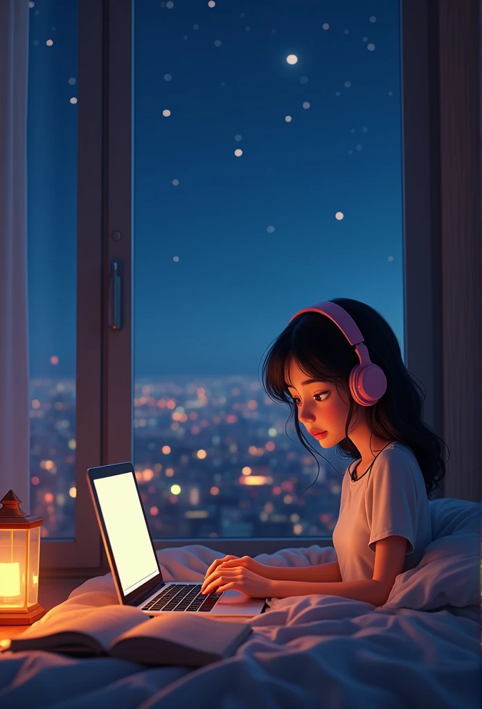 beautiful ager in her room in the city waring earpads studding a book computer infront stars in window at night time hyper realistic, homem na cadeira em frente a computador,8k,ultra detailed hd,pixar style,high definition,16:9