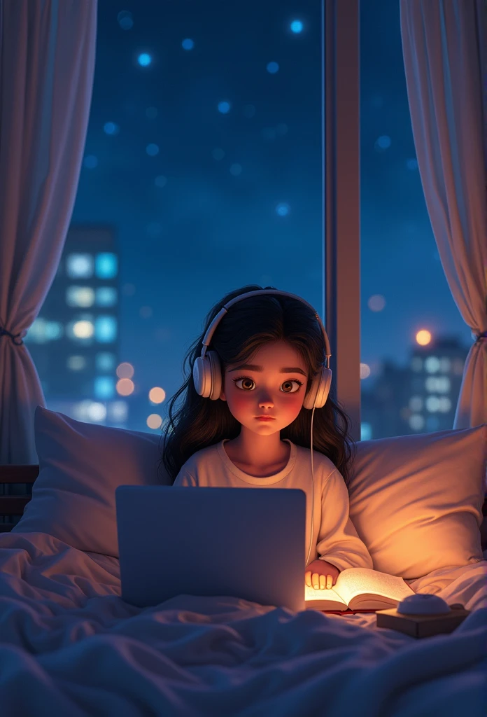 beautiful teenager in her room in the city waring earpads studding a book computer infront stars in window at night time hyper realistic, homem na cadeira em frente a computador,8k,ultra detailed hd,pixar style,high definition,16:9