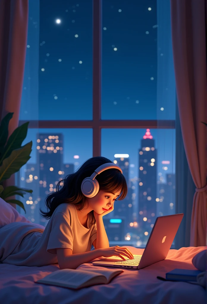 beautiful teenager in her room in the city waring earpads studding a book computer infront stars in window at night time hyper realistic, homem na cadeira em frente a computador,8k,ultra detailed hd,pixar style,high definition,16:9
