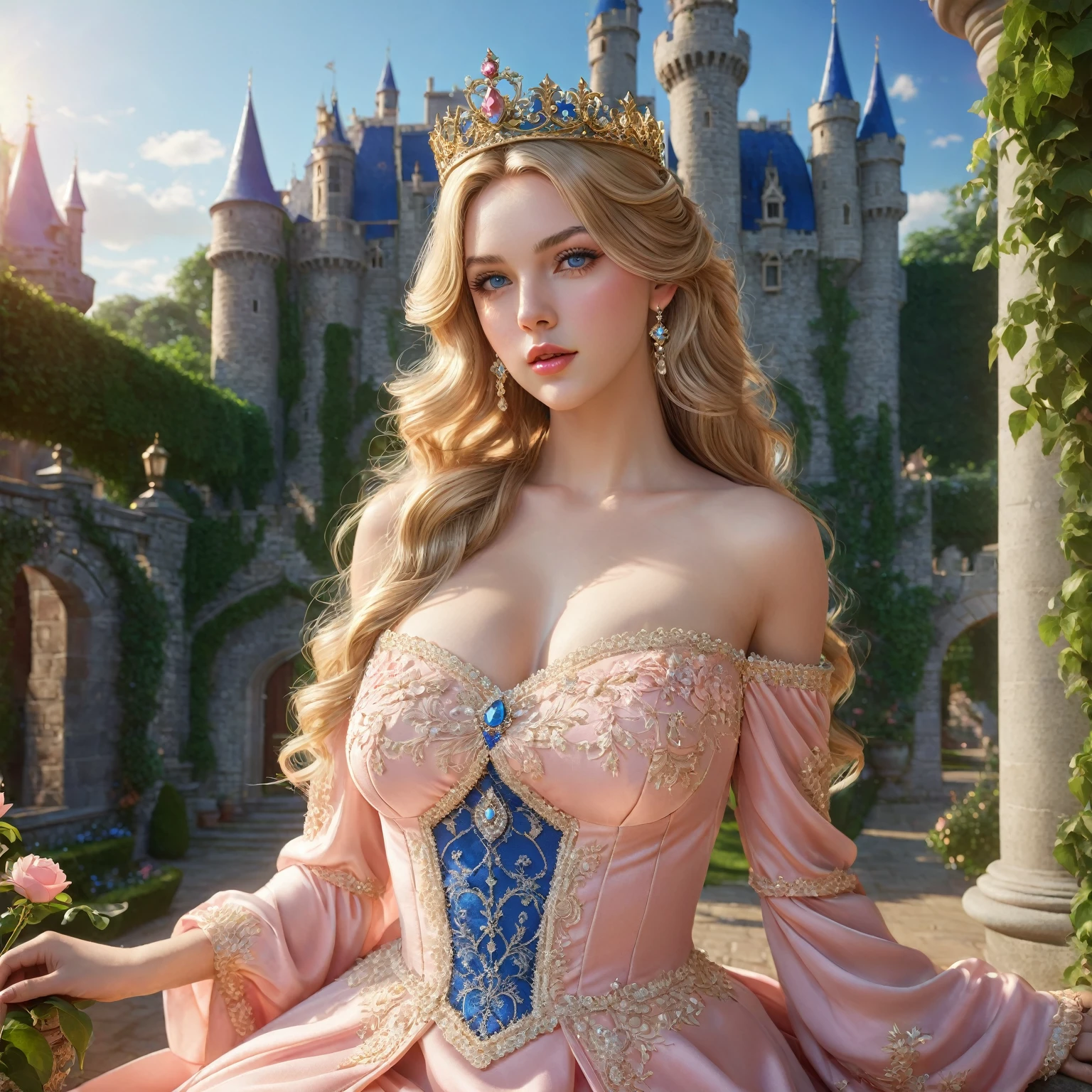 PRINCESS PEACH, 1 girl, beautiful detailed blue eyes, beautiful detailed lips, extremely detailed face, long eyelashes, loose wavy blonde hair, ornate crown, elegant topless royal dress, pink dress with perfect breasts, intricate embroidery, castle courtyard, garden lush, sunlight coming in, dramatic lighting, photorealistic, 8K, high resolution, detailed, fantasy, She is sitting with sensual legs, sexy.