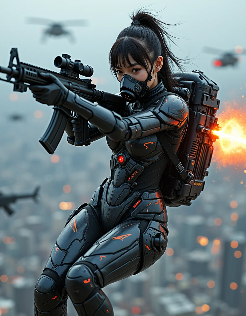 photo-realistic, ultra-realistic, very beautiful Japanese, famous Japanese idol, 20 years old, dramatic scene, masterpiece, beautiful eyes, (extremely intricated with extremely complex futuristic cyber punk mecha armored full-face gas mask:1.5), (wearing extremely intricated with extremely complex multi-layered cyber punk mecha armored bodysuits with neon marker:1.4), (She uses the ultra high power rocket engine on her back to flying high speed in the sky:1.5), amazing view from sky, surprising, acrobatic pose, dynamic angle, (aim and shoot:1.3), spectacular and intense aerial battles, Nimble movements, Sharp turns, (very large breasts), (Fully equipped for battle:1.3), (holding m4a1 large assault rifle:1.2),