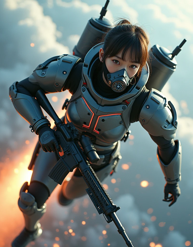 photo-realistic, ultra-realistic, very beautiful Japanese, famous Japanese idol, 20 years old, dramatic scene, masterpiece, beautiful eyes, (extremely intricated with extremely complex futuristic cyber punk mecha armored full-face gas mask:1.5), (wearing extremely intricated with extremely complex multi-layered cyber punk mecha armored bodysuits with neon marker:1.4), (She uses the ultra high power rocket engine on her back to flying high speed in the sky:1.5), amazing view from sky, surprising, acrobatic pose, dynamic angle, (aim and shoot:1.3), spectacular and intense aerial battles, Nimble movements, Sharp turns, (very large breasts), (Fully equipped for battle:1.3), (holding m4a1 large assault rifle:1.2),