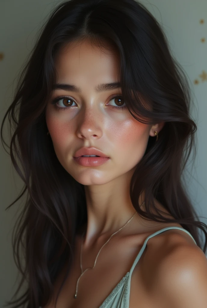 19 year old realistic Chilean girl, dark brown hair, black eyes, clear skin, fea, with dark circles