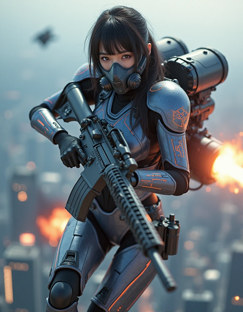 photo-realistic, ultra-realistic, very beautiful Japanese, famous Japanese idol, 20 years old, dramatic scene, masterpiece, beautiful eyes, (extremely intricated with extremely complex futuristic cyber punk mecha armored full-face gas mask:1.5), (wearing extremely intricated with extremely complex multi-layered cyber punk mecha armored bodysuits with neon marker:1.4), (She uses the ultra high power rocket engine on her back to flying high speed in the sky:1.5), amazing view from sky, surprising, acrobatic pose, dynamic angle, (aim and shoot:1.3), spectacular and intense aerial battles, Nimble movements, Sharp turns, (very large breasts), (Fully equipped for battle:1.3), (holding m4a1 large assault rifle:1.2),