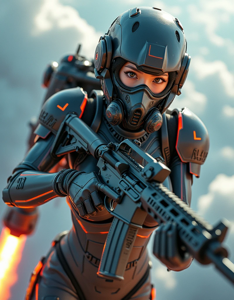 photo-realistic, ultra-realistic, very beautiful Japanese, famous Japanese idol, 20 years old, dramatic scene, masterpiece, beautiful eyes, (extremely intricated with extremely complex futuristic cyber punk mecha armored full-face gas mask:1.5), (wearing extremely intricated with extremely complex multi-layered cyber punk mecha armored bodysuits with neon marker:1.4), (She uses the ultra high power rocket engine on her back to flying high speed in the sky:1.5), amazing view from sky, surprising, acrobatic pose, dynamic angle, (aim and shoot:1.3), spectacular and intense aerial battles, Nimble movements, Sharp turns, (very large breasts), (Fully equipped for battle:1.3), (holding m4a1 large assault rifle:1.2),