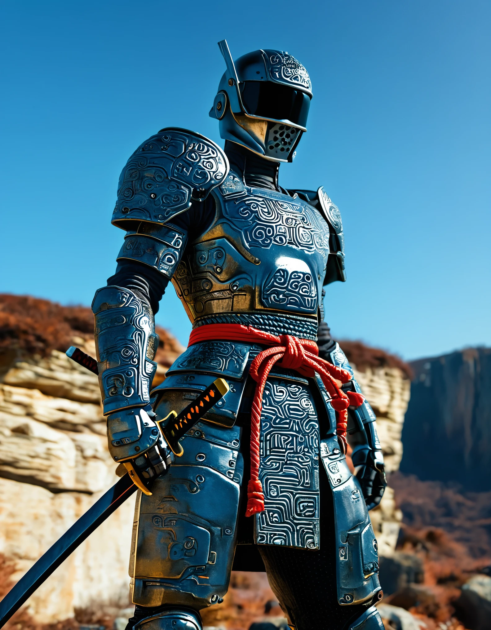 Digital artwork depicting a lone futuristic cyberpunk samurai standing on a rocky outcrop against a clear blue sky. The figure is clad in a dark, armored suit with intricate details and a helmet that obscures the face. The armor has a mix of matte and glossy finishes, with hints of red and metallic accents. The samurai holds a traditional katana in both hands, the blade gleaming in the light. The overall composition is dynamic, with the character's stance exuding strength and readiness. The background features a mix of sharp and soft brush strokes, adding depth and texture to the scene.UHD, masterpiece, anatomically correct, super detail, best quality, textured skin, award winning, 4K