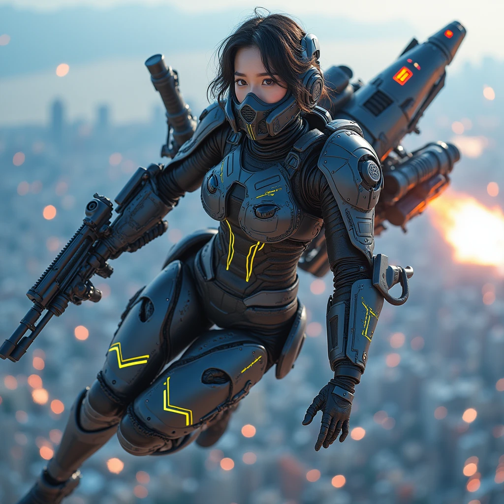 photo-realistic, ultra-realistic, very beautiful Japanese, famous Japanese idol, 20 years old, dramatic scene, masterpiece, beautiful eyes, (extremely intricated with extremely complex futuristic cyber punk mecha armored full-face gas mask:1.5), (wearing extremely intricated with extremely complex multi-layered cyber punk mecha armored bodysuits with neon marker:1.4), (She uses the ultra high power rocket engine on her back to flying high speed in the sky:1.5), amazing view from sky, surprising, acrobatic pose, dynamic angle, (aim and shoot:1.3), spectacular and intense aerial battles, Nimble movements, Sharp turns, (very large breasts), (Fully equipped for battle:1.3), (holding m4a1 large assault rifle:1.2),