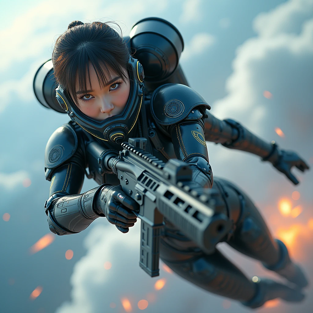 photo-realistic, ultra-realistic, very beautiful Japanese, famous Japanese idol, 20 years old, dramatic scene, masterpiece, beautiful eyes, (extremely intricated with extremely complex futuristic cyber punk mecha armored full-face gas mask:1.5), (wearing extremely intricated with extremely complex multi-layered cyber punk mecha armored bodysuits with neon marker:1.4), (She uses the ultra high power rocket engine on her back to flying high speed in the sky:1.5), amazing view from sky, surprising, acrobatic pose, dynamic angle, (aim and shoot:1.3), spectacular and intense aerial battles, Nimble movements, Sharp turns, (very large breasts), (Fully equipped for battle:1.3), (holding m4a1 large assault rifle:1.2),