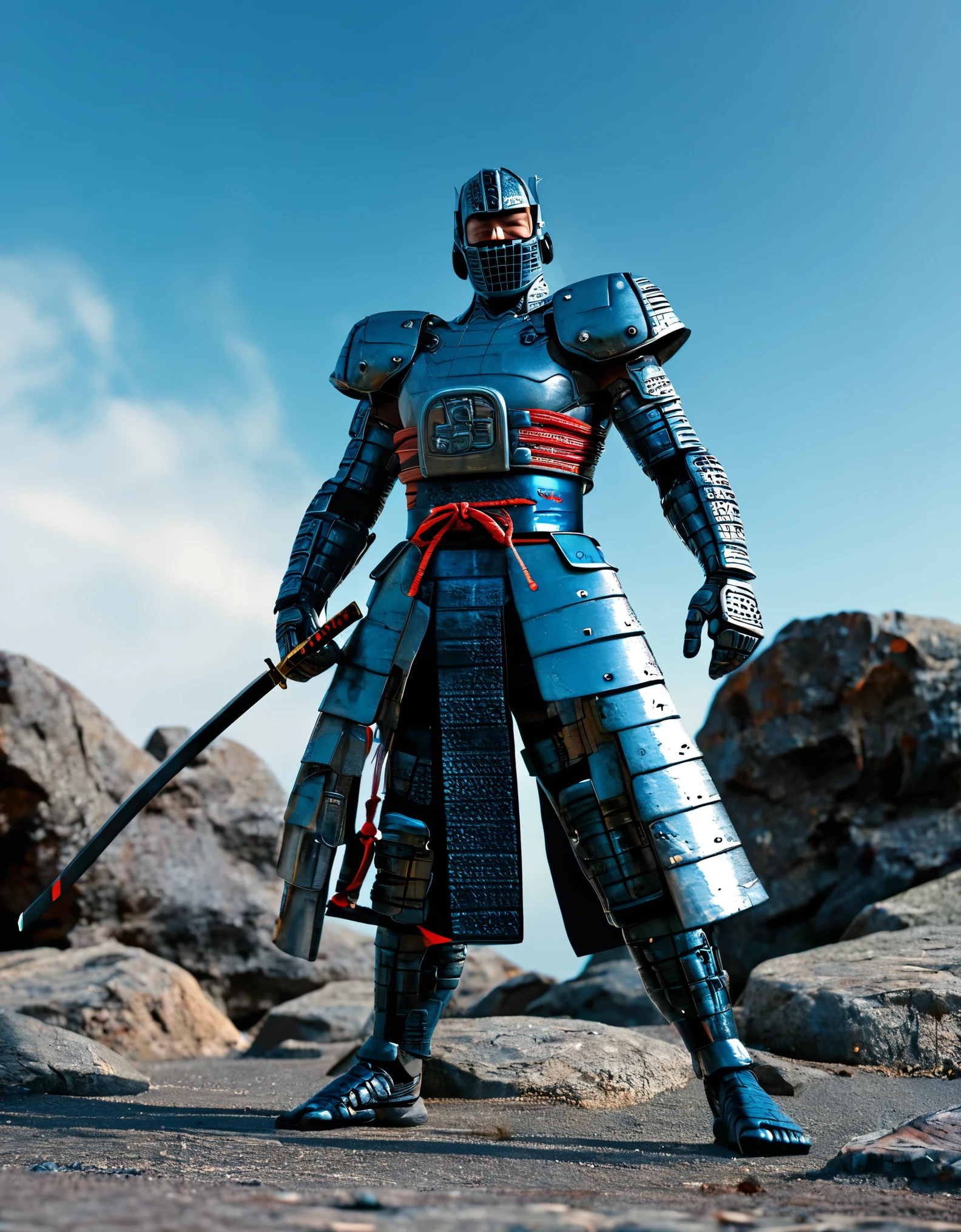 Digital artwork depicting a lone futuristic cyberpunk samurai standing on a rocky outcrop against a clear blue sky. The figure is clad in a dark, armored suit with intricate details and a helmet that obscures the face. The armor has a mix of matte and glossy finishes, with hints of red and metallic accents. The samurai holds a traditional katana in both hands, the blade gleaming in the light. The overall composition is dynamic, with the character's stance exuding strength and readiness. The background features a mix of sharp and soft brush strokes, adding depth and texture to the scene.UHD, masterpiece, anatomically correct, super detail, best quality, textured skin, award winning, 4K