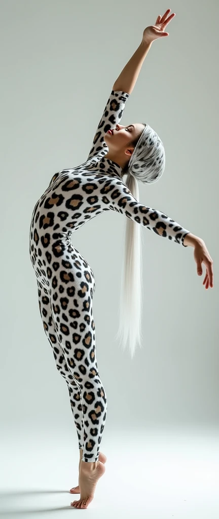 The beautiful Chinese flexible adult girl with beautiful cheeks wears white leopard print full lycra dancewear turtleneck unitard catsuit.She wears white leopard print lycra elastane dancewear hijab-like zentai hood.She is happy to perform contortion performance.
