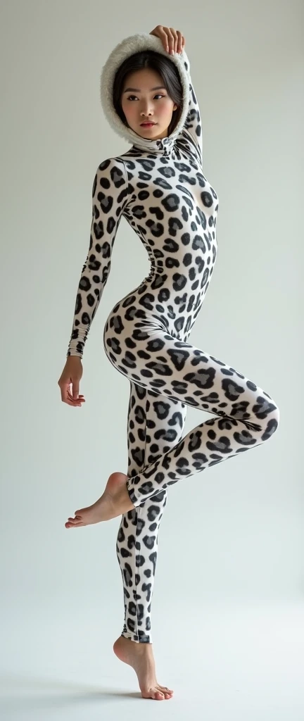 The beautiful Chinese flexible adult girl with beautiful cheeks wears white leopard print full lycra dancewear turtleneck unitard catsuit.She wears white leopard print lycra elastane dancewear hijab-like zentai hood.She is happy to perform contortion performance.