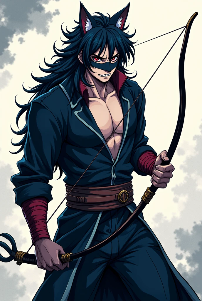 naughty man, style of anime, bonitas,Eyes red, Cao Cao,stark,black clothes with blue, big black hair,skin fair,bow and arrow,wears black mask, Cat's ears, sharped teeth, brawny, Scrawny