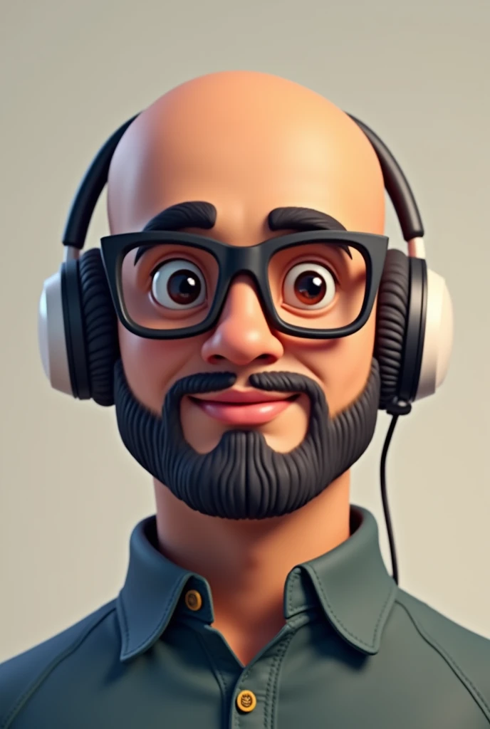 A Pakistani Skin Toned Young man completely bald, moderate beard and normal mustache, in portrait bitmoji image. wearing glasses. wearing moderate size headphone. be a healthy ROUND face. and his face should be front facing just like in passport picture. make the skin a little dark. can you make it a bit more 3d animatic like a 3d bitmoji.