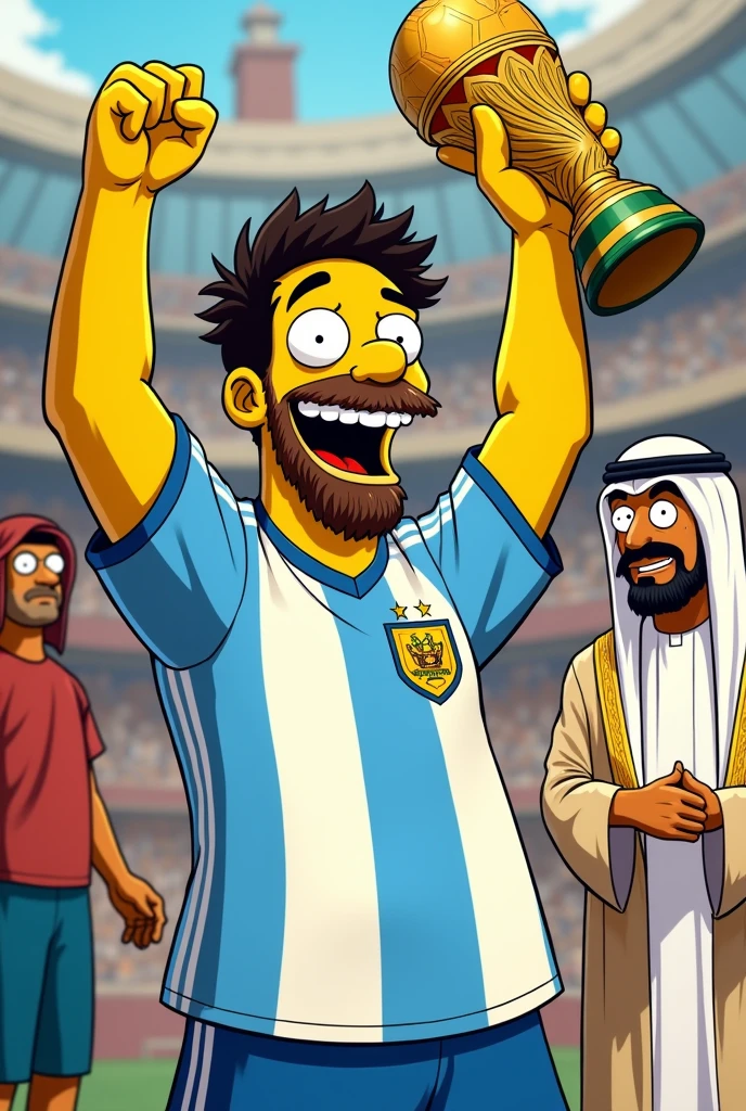 make a picture of Lionel Messi with the Argentina shirt in Simpson version celebrating with the World Cup and an Arab sheikh behind him