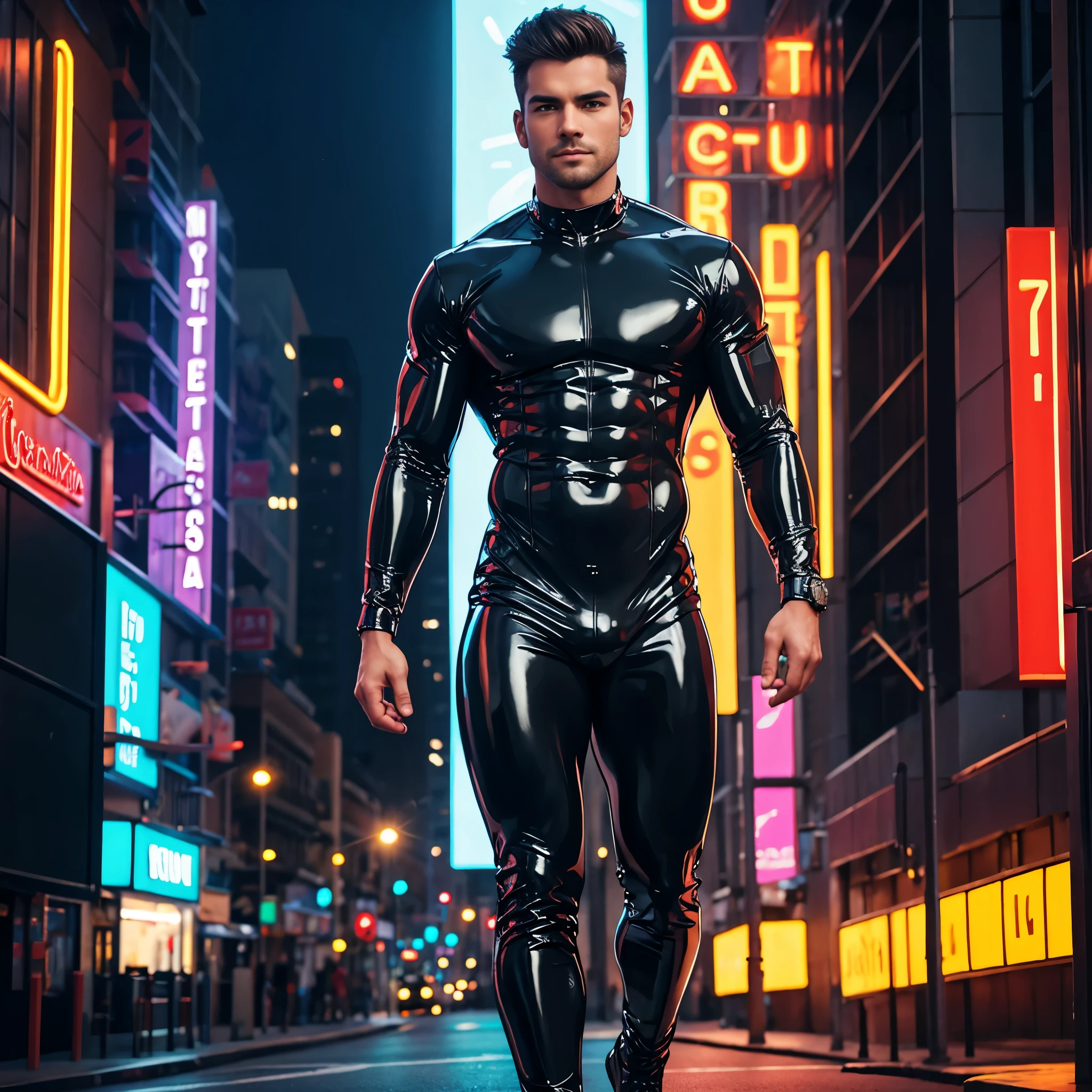 Man in a Latex Suit with six pack abs and topless in a Neon Light City