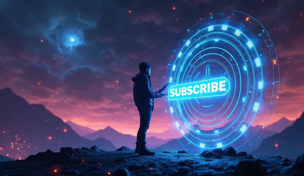 A dynamic, futuristic graphic showing a person clicking on a subscribe button, surrounded by cosmic lights and symbols. The background should be high-tech and vibrant. --ar 16:9