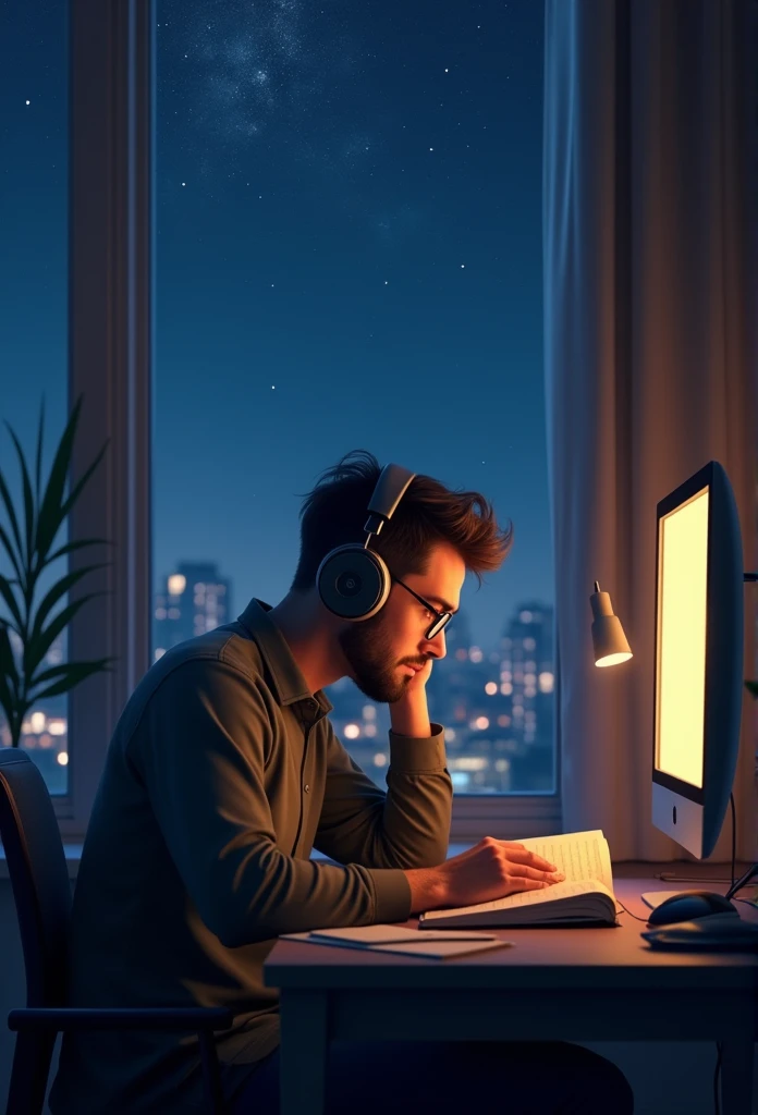 man in his room in the city, protecting the headphones, studding a book, computer in front of stars in window at night, hyper realist,8k,Ultra detailed HD,Pixar-style,High definition,16:9
