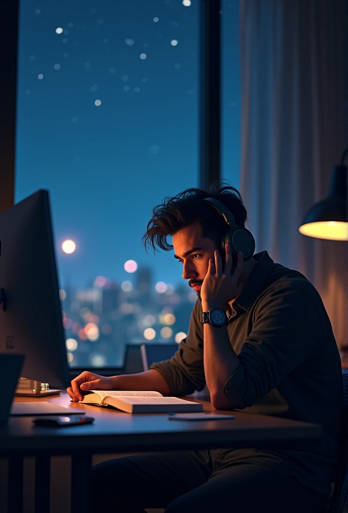 man in his room in the city, protecting the headphones, studding a book, computer in front of stars in window at night, hyper realist,8k,Ultra detailed HD,Pixar-style,High definition,16:9