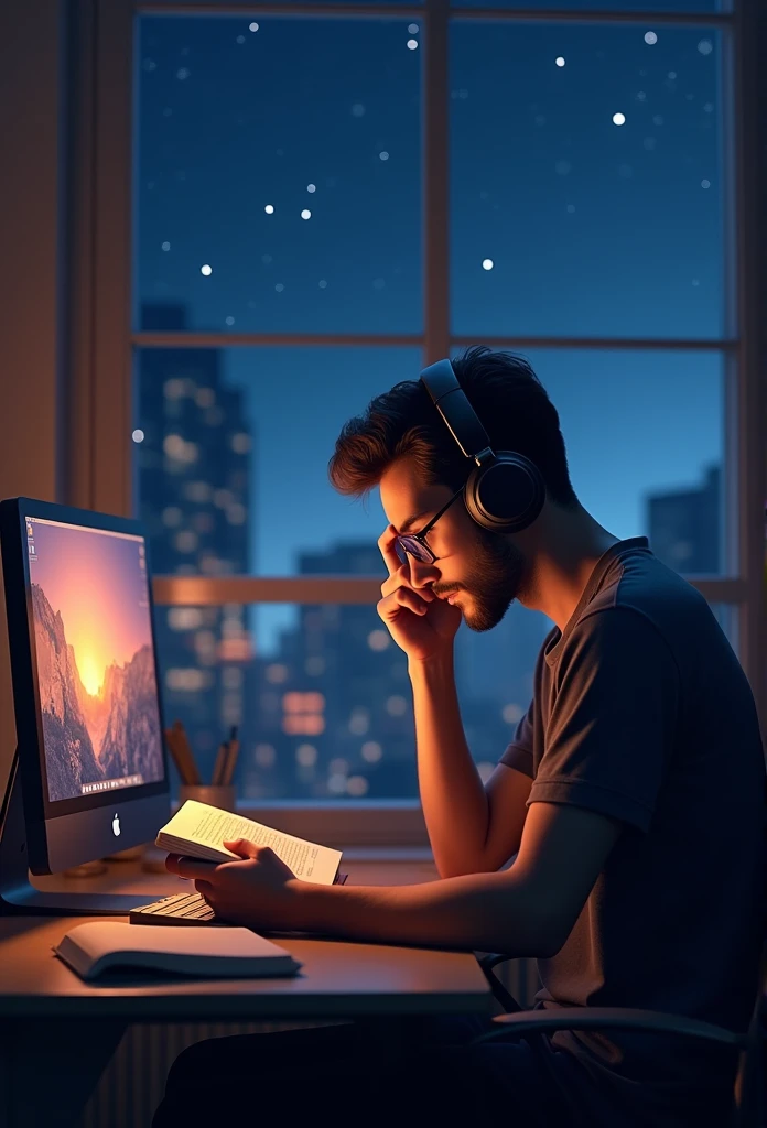 man in his room in the city, protecting the headphones, studding a book, computer in front of stars in window at night, hyper realist,8k,Ultra detailed HD,Pixar-style,High definition,16:9