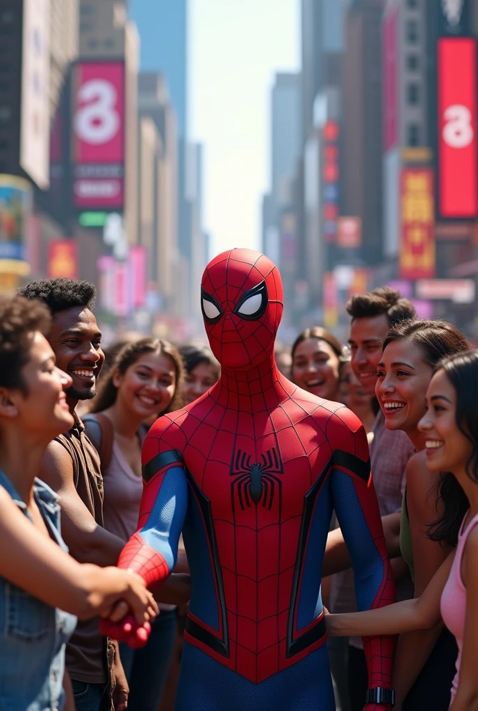 people making friends with spiderman