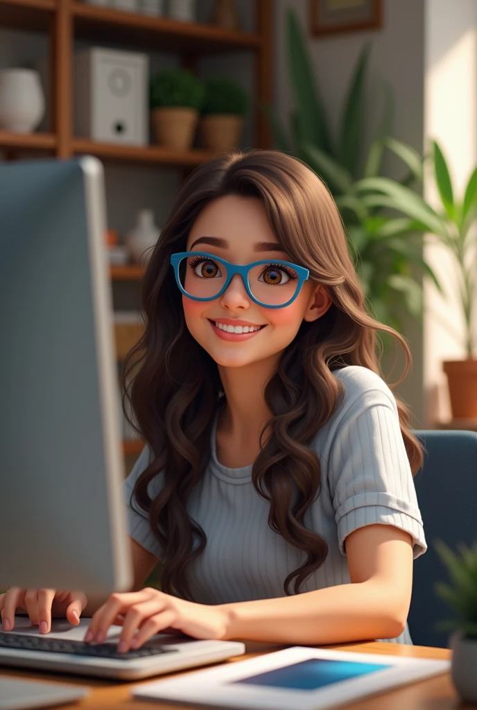 A brunette woman with long hair, dark brown and parted on the side, Wearing blue glasses, com olhos castanhos, rounded face, Grinning, friendly, glad, working in his studio on the computer, with casual clothes