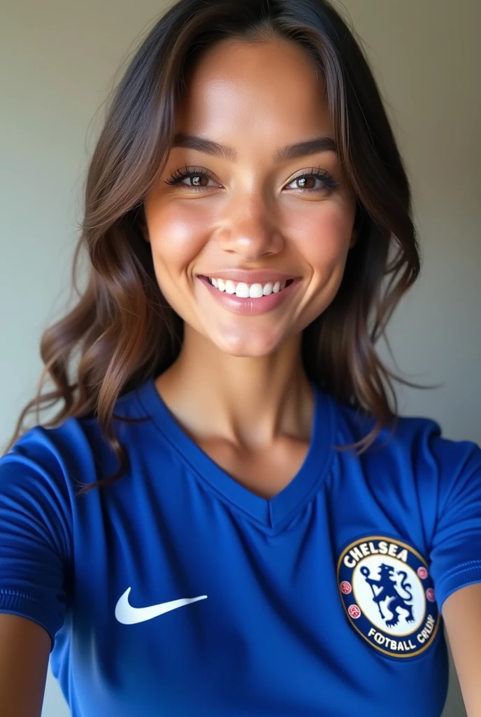 Selfie(best quality)), ((masterpiece)), (detailed), perfect face,perfect body,perfect eyes, smile,tight chelsea jersey