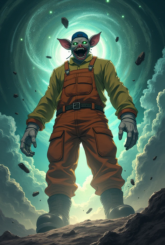 (((Best quality))), (((anime art style))),A giant humanoid character with an unrecognizable face, featuring only glowing green eyes and a wide, toothless mouth with a thin opening. He has no nose but sports pig-like ears on his head. He wears a blue cap and is dressed in worn and old orange overalls with a yellow shirt underneath, along with orange boots. His body is imposing with a wide waist and legs, but his arms are thin, ending in white gloves. The character is depicted floating in the vast expanse of space, his immense form dwarfing stars around him. With a single hand, (((he is tearing a galaxy apart, the cosmic energy swirling around him as the stars and celestial bodies are split in two, radiating power and chaos in all directions.)))