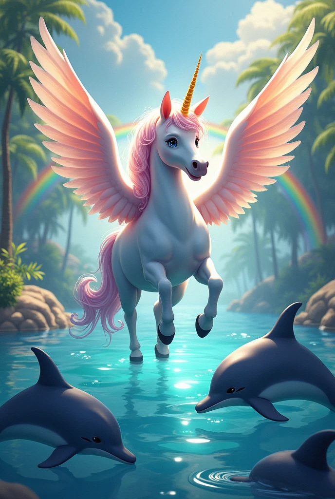 Happy alicorn with dolphins and rainbows all very colorful, as if it were a paradise, with another angle