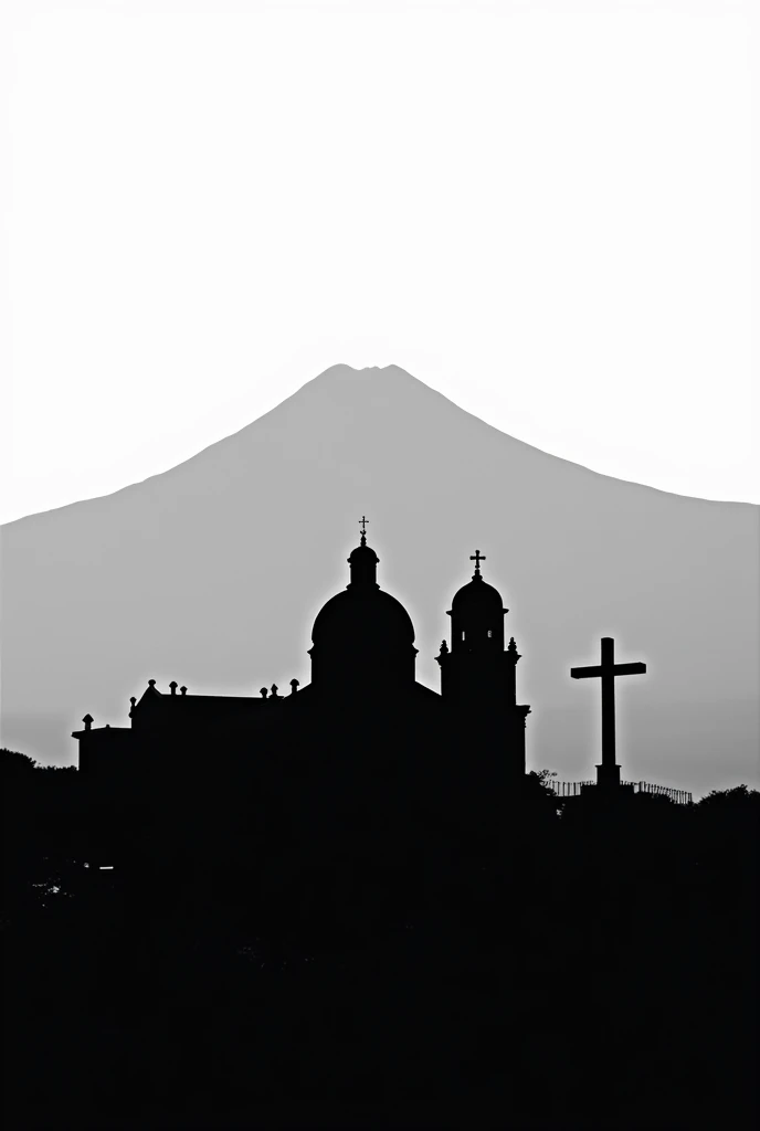 Silhouette of the Zempoala hill that is in Huauchinango Puebla and in front with the silhouette of the church, the dome above the cross that is in Huauchinango Puebla black and white