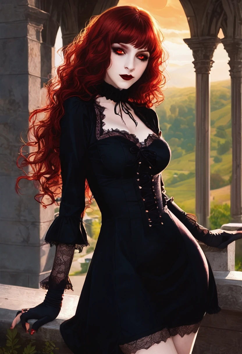 Vampire girl, very curly red hair, very tiny gothic minidress, pantyhose, elbow lace gloves, shoes, sun shiny day