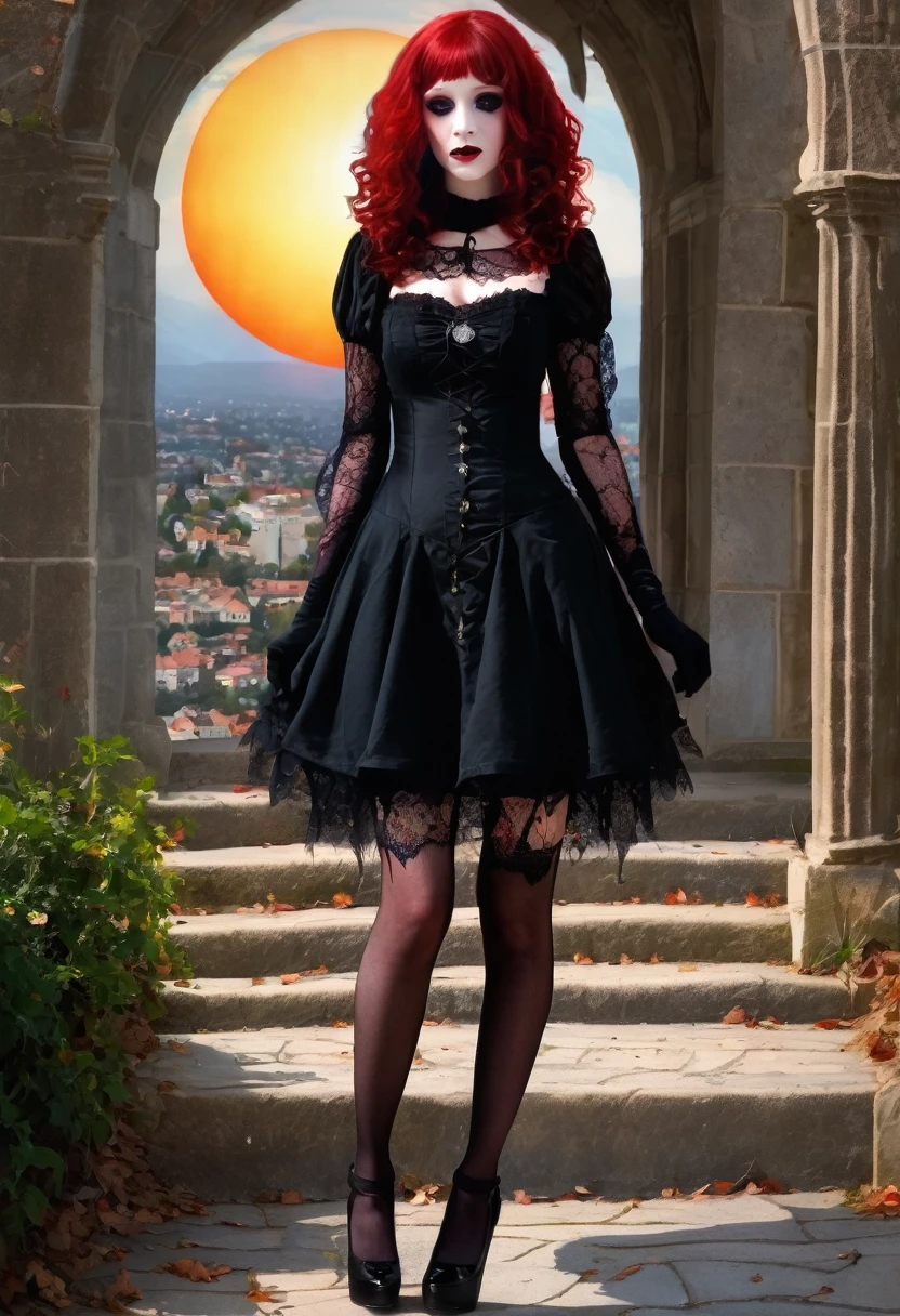 Vampire girl, very curly red hair, very tiny gothic minidress, pantyhose, elbow lace gloves, shoes, sun shiny day