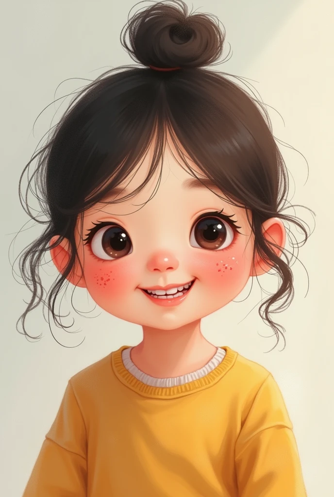 Create a Korean girl with chubby cheeks having buck teeth and having a mole on her cheek and freckles