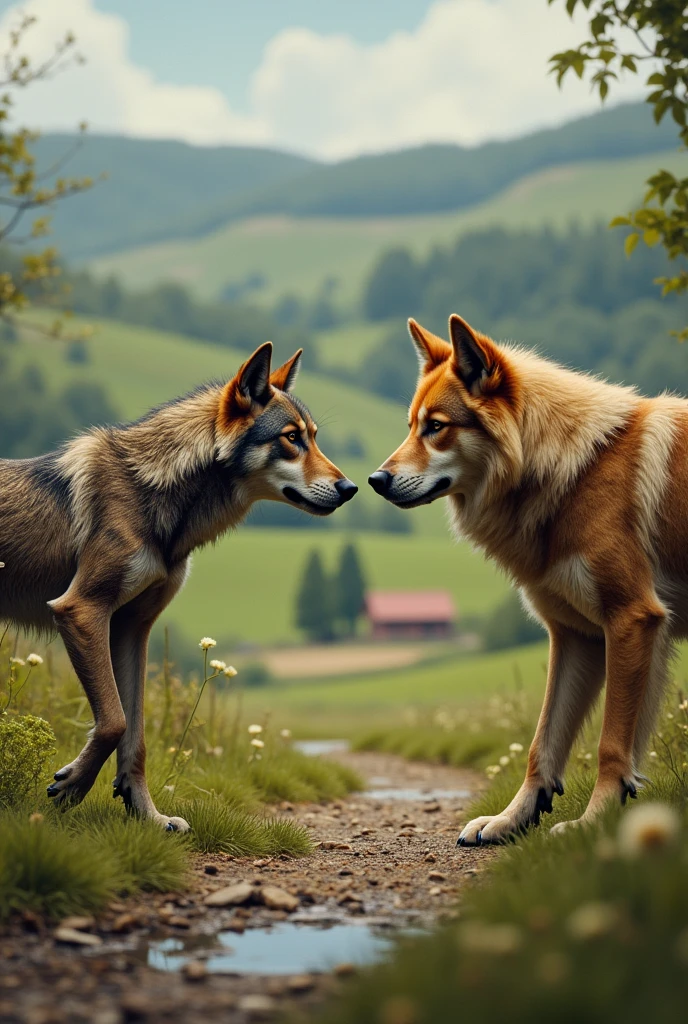 Skinny wolf meets big, well-fed sheepdog.