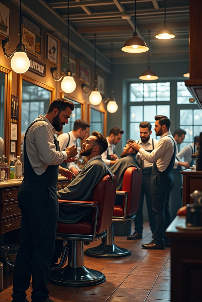 Team of barbers working in a barbershop