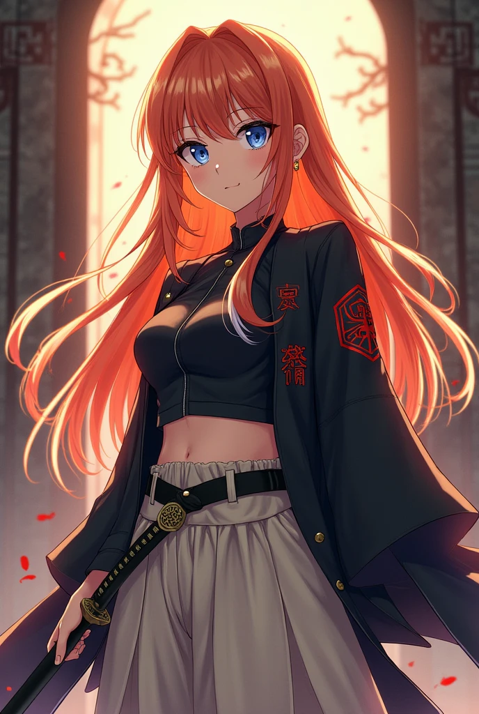 create an orange-haired girl who is facing forward, with long, loose hair, with white locks. Their eyes are their most distinctive feature: The right eye is a deep blue, while the left eye is completely white, without iris or pupil. She has big breasts and a very small waist.. He wears the uniform of the demon hunters, with a light hakama and a black jacket with the organization&#39;s symbol on the back. On his belt he carries a Nichirin sword, ready to be drawn at any time. The drawing style must be that of Demon Slayer