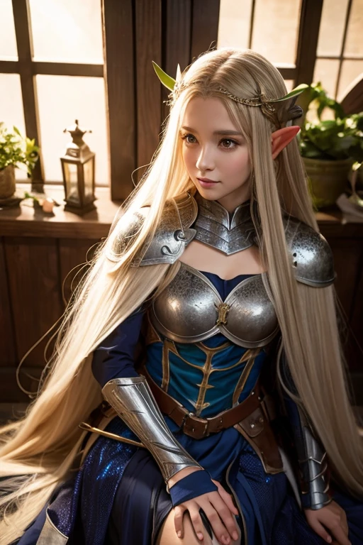 a woman in a gold outfit and blue hair posing for a picture, portrait knights of zodiac girl, knights of zodiac girl, angelic golden armor, mystical atlantean valkyrie, armor girl, stunning armor, golden armor, beautiful armor, goddess. extremely high detail, extremely detailed artgerm, alluring elf princess knight, gold heavy armor. dramatic