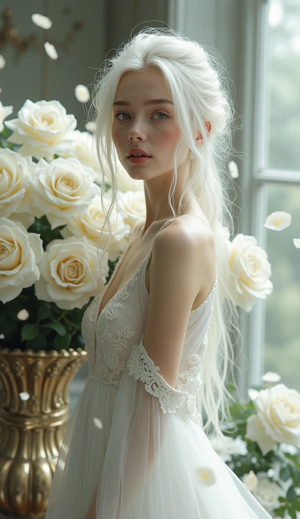 “A breathtaking woman, 20 years old, with hair as white as snow, gracefully landing near a large vase of white roses. Her presence is ethereal, and her beauty captivates like the delicate petals surrounding her, 