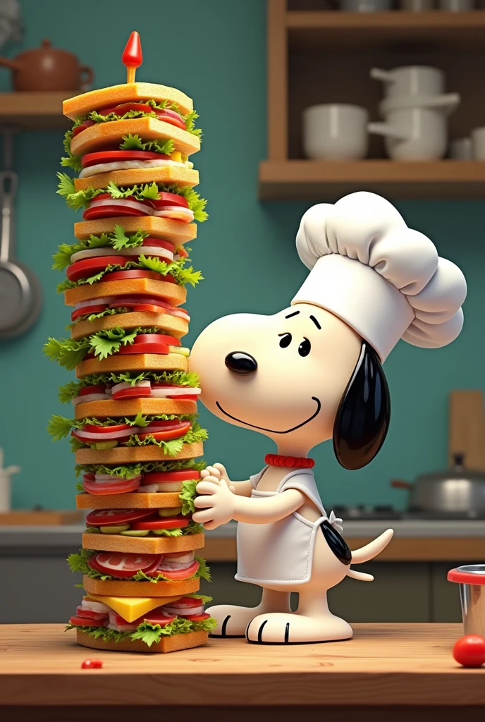 Believe me, a snoopy chef making a long sandwich