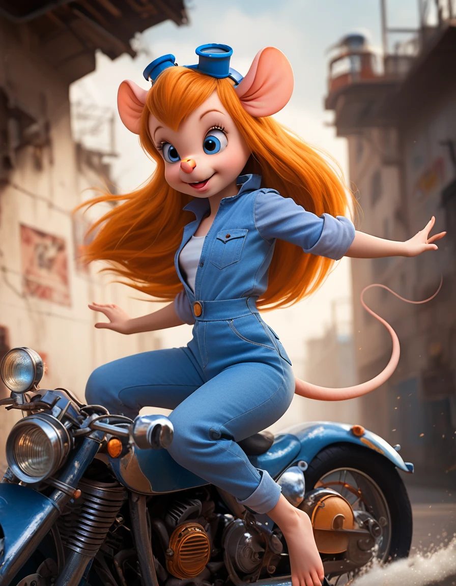 score_9, score_8_up, score_7_up, source_realistic, highly realistic, (absurd resolution), intricate details, zPDXL2, asymmetrical, concept art, raw photo,
1girl, tiny shrunken anthro mouse woman, gadget hackwrench, looking aside, {long orange hair}, {in a vintage '50s blue overalls}, riding an blue old style motorcycle, dynamic pose for speed riding, (focused look), gh_clothes, gh_goggles, sparkling blue eyes, long blonde hair, medium breasts, wearing blue denim jumpsuit with sleeves rolled up, welding goggles on head, mouse hole,
dynamic angle, cinematic lighting, detailed fur texture, detailed eyes, detailed background, volumetric lighting, subsurface scattering, 