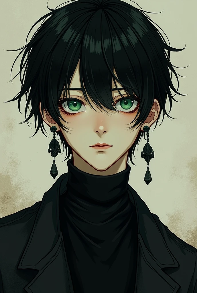 A manga style man He has 2,09, 2 height, black hair with well-made bangs , green eyes a very attractive face, (looking old and half dead)with three earrings in the ears, with a turtleneck blouse and dark green black and white jacket 