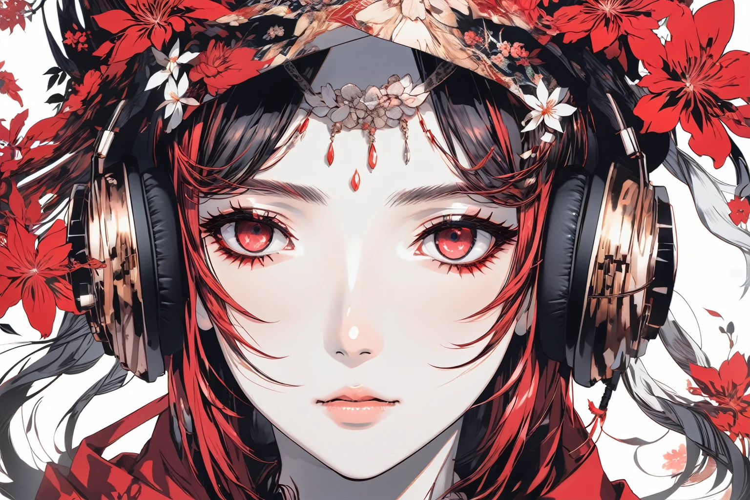 Anime girl with headphones and a red floral hat, Detailed portrait of an anime character, The sharp gaze of the Yuki-onna, detailed manga style, Detailed digital anime art, Stunning Anime Face Portraits, Anime style digital art, Inspired by Harumi Hironaka, Amazing digital art with great detail, Digital Manga Art, Anime Graphic Illustration, Manga art style, inspired by Utagawa Yoshiiku