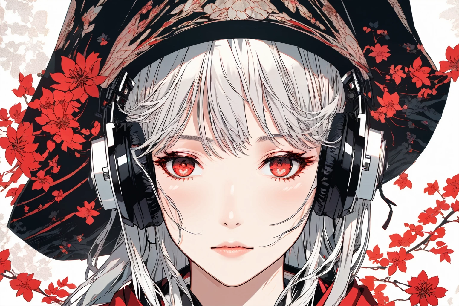 Anime girl with headphones and a red floral hat, Detailed portrait of an anime character, The sharp gaze of the Yuki-onna, detailed manga style, Detailed digital anime art, Stunning Anime Face Portraits, Anime style digital art, Inspired by Harumi Hironaka, Amazing digital art with great detail, Digital Manga Art, Anime Graphic Illustration, Manga art style, inspired by Utagawa Yoshiiku