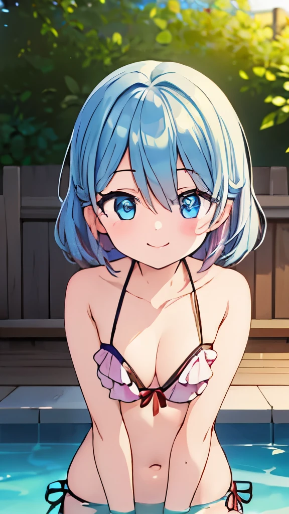 ((masterpiece)), ((best quality)), (ultra-detailed), pool, a cute girl, 1girl, solo, bikini, ((beautiful eyes)), smile