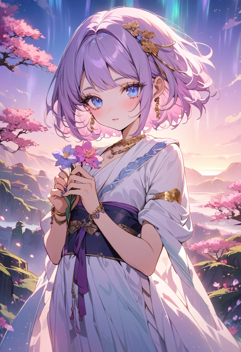 ((best quality)), ((Masterpiece)), (details), Young woman,( light purple hair, blue eyes, ((short hair)) , beautiful face, Beautiful skin, Long eyelashes, Thick eyelashes), Hanfu ancient clothes，ancient China, hair accessories, Gold hairpins,(Fashion Design Assistant), fantasy landscape, vibrant colors, soft lighting, whimsical atmosphere, blooming flowers, flowing dress, delicate details, ethereal background, dreamy aura, head jewellery, necklace, earings, armlets, bangles and bracelets, rings, pleasant expression, holding a flower, natural beauty, vibrant colors, dreamy, northern light, pink bubble, romantic, soft lighting, vintage aesthetic