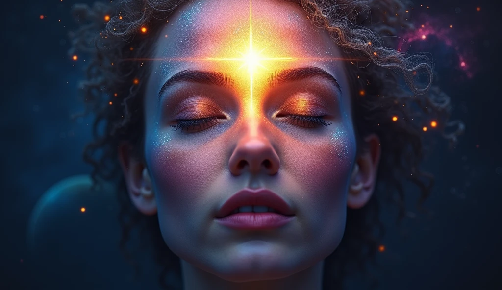 A captivating thumbnail featuring a close-up of a person's face with their third eye glowing brightly in the center of their forehead. The glow should be a radiant mix of cosmic colors, such as deep blues, purples, and shimmering gold, creating an aura of mystical illumination. The background should be a striking, dark cosmic expanse filled with stars, planets, and nebulae, adding a sense of depth and intrigue. The person should have a serene, enlightened expression, emphasizing the theme of unlocking hidden truths and spiritual illumination. Bold, eye-catching text overlay at the top or bottom should read: "Unlocking the Third Eye: The Hidden Truth" in a contrasting color for maximum visibility. --ar 16:9